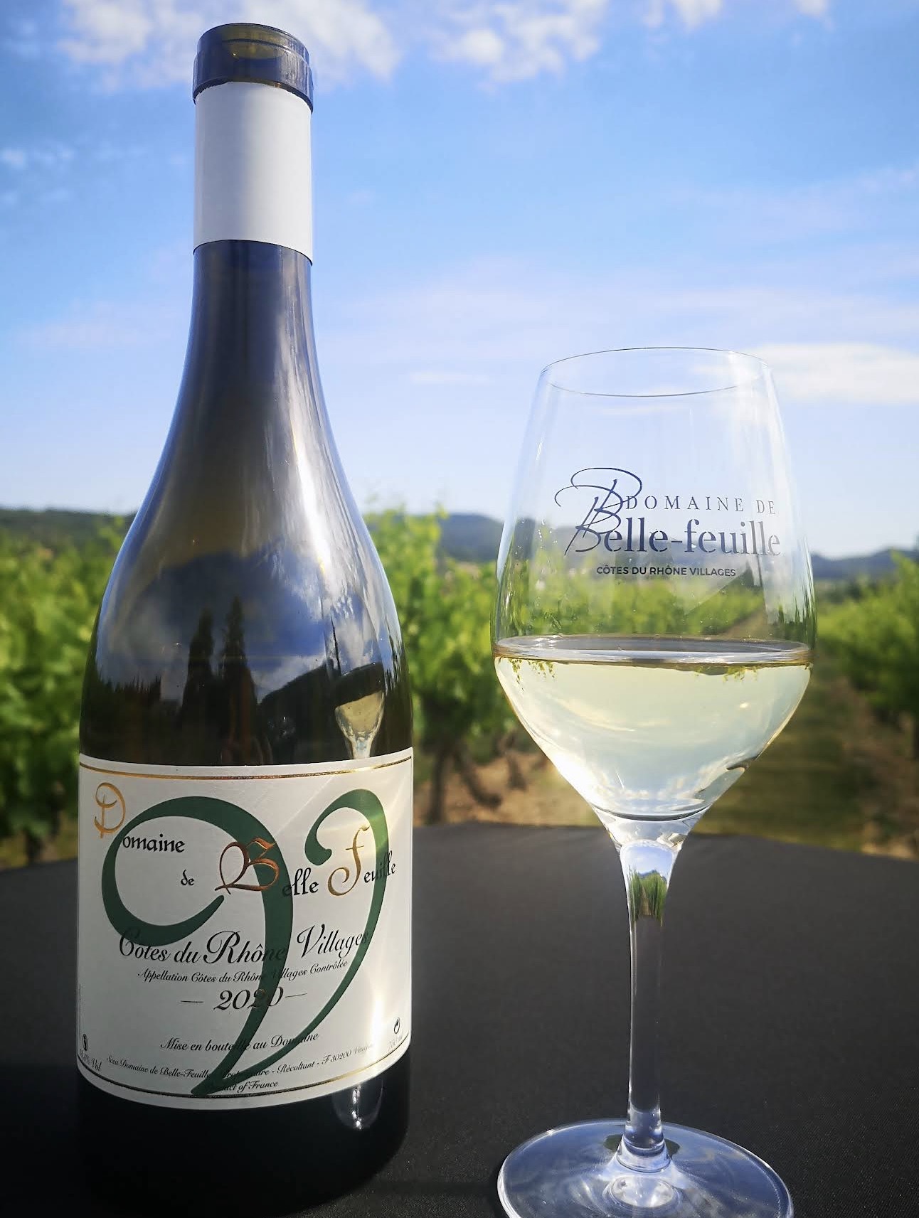 A bottle and glass from Domaine de Bellefeuille in the vineyard