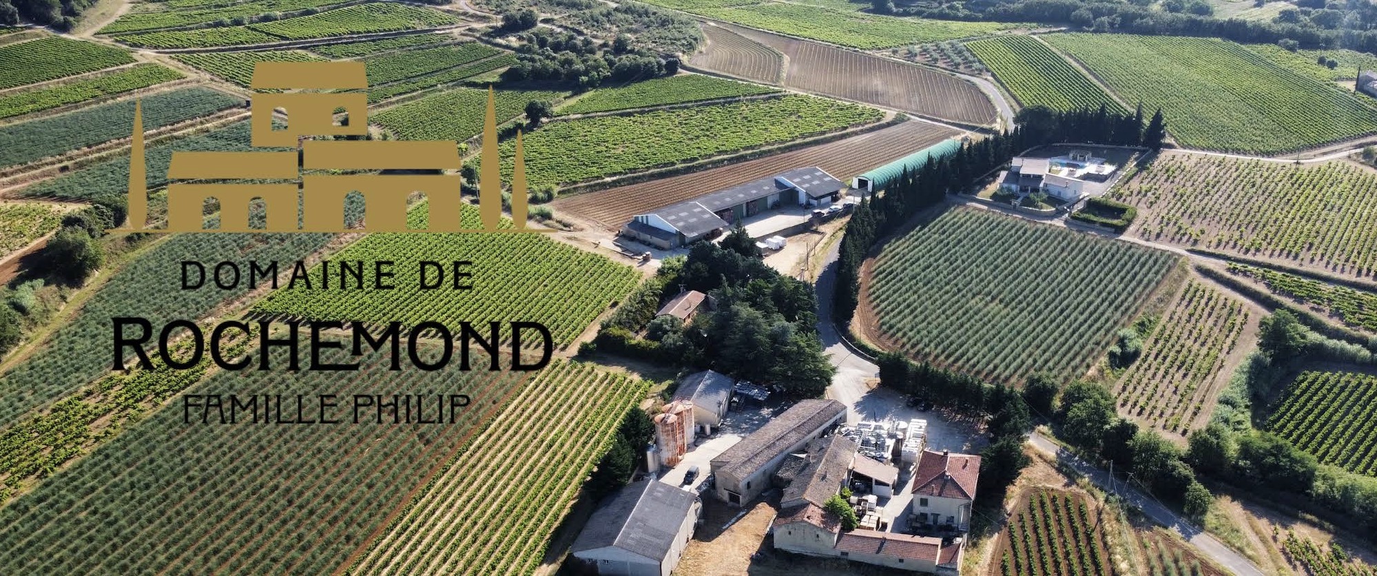 Aerial view of Domaine de Rochemond and its vineyards