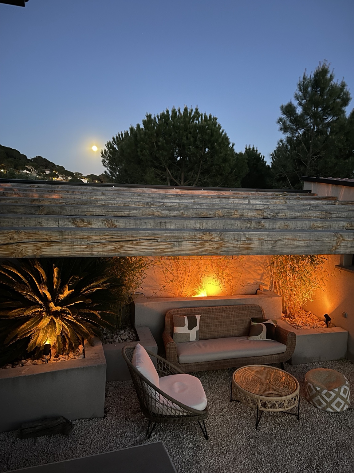 The illuminated outdoor lounge by moonlight